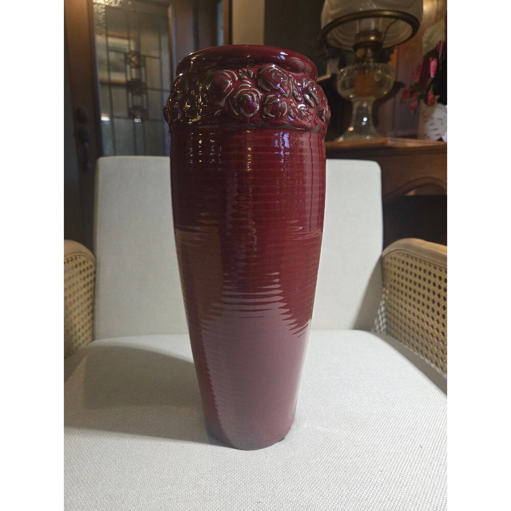 Vintage Hosley Potteries Red Rose Rim Ceramic Vase 13.5"